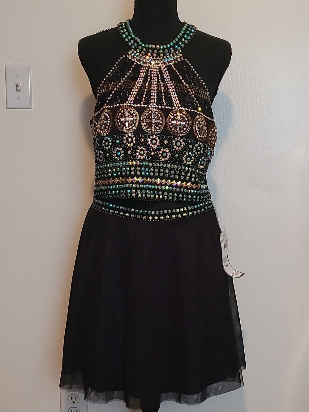 Crystal Doll Black Halter 2 Piece Prom Dress with Multicolor Beaded Bodice